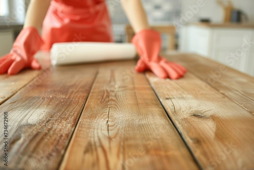 Woman in rubber gloves wipes down wooden table in kitchen, demonstrating the importance of a clean home.