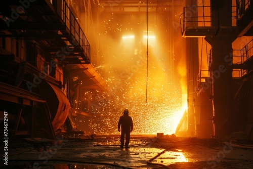 A laborer stands before a roaring blast furnace as liquid metal flows behind him.