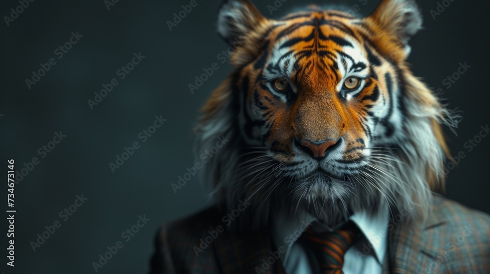 The dapper tiger, with his tailored suit and sleek tie, exuded confidence and style as he struck a pose, blending the fierce feline with suave human charisma. - obrazy, fototapety, plakaty 