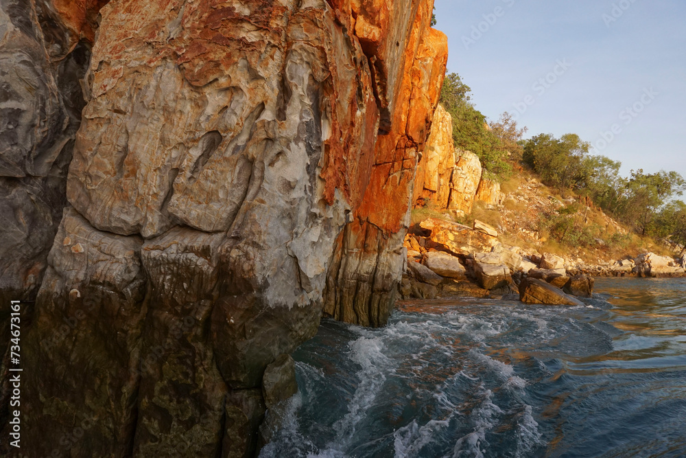 The dark high tide water mark along the cliff walls Talbot bay , Western Australia.