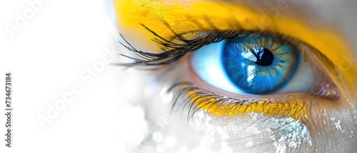 Girl yellow and blue eye on white panoramic background, flag colors, Ukrainian people kelp ans support web banner