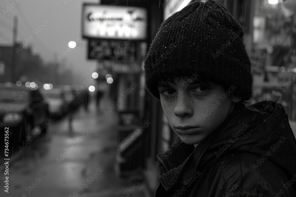 a miserable Boy in front of Liquor Store, his downturned eyes reflect a deep sadness, shoulders slouched under the weight of unseen, black and white a miserable Boy in front of Liquor Store, his downturned eyes reflect a deep sadness, shoulders slouched under the weight of unseen, black and white