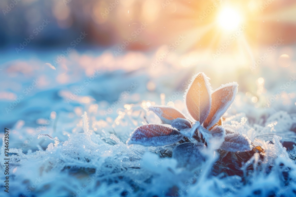 Frost-kissed flora glistens in the winter sun, providing a picturesque scene for festive greetings. - obrazy, fototapety, plakaty 