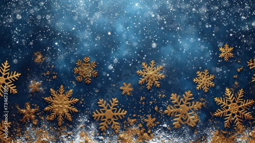 golden snowflakes lying on the dark blue background  bokeh snow  celebration decoration and mockup for Christmas 