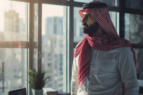 Saudi businessman in red shemagh admires city view from his sleek office. photo
