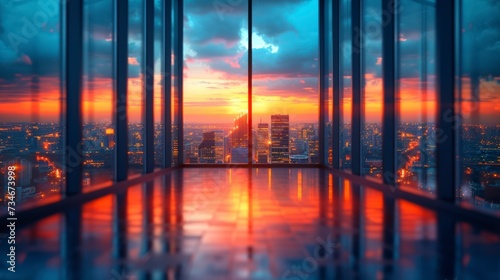 view from top of a building, blank center space with large clear glass window, bokeh golden hour city background 