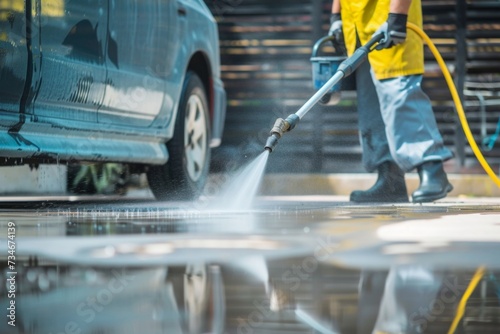 Professional pressure washing service deep cleans driveways with high-powered equipment.