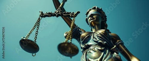 Symbol of Fairness and Justice: Close-Up of Lady Justice Statue with Scales and Sword Against Blue Background Embodying Legal Principles