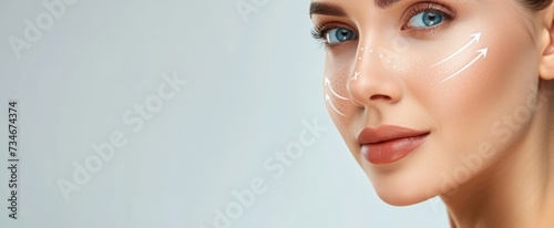 Portrait of Beautiful Woman with Flawless Skin and Conceptual Arrows Depicting Facial Lifting and Anti-Aging Treatments on Light Blue Background