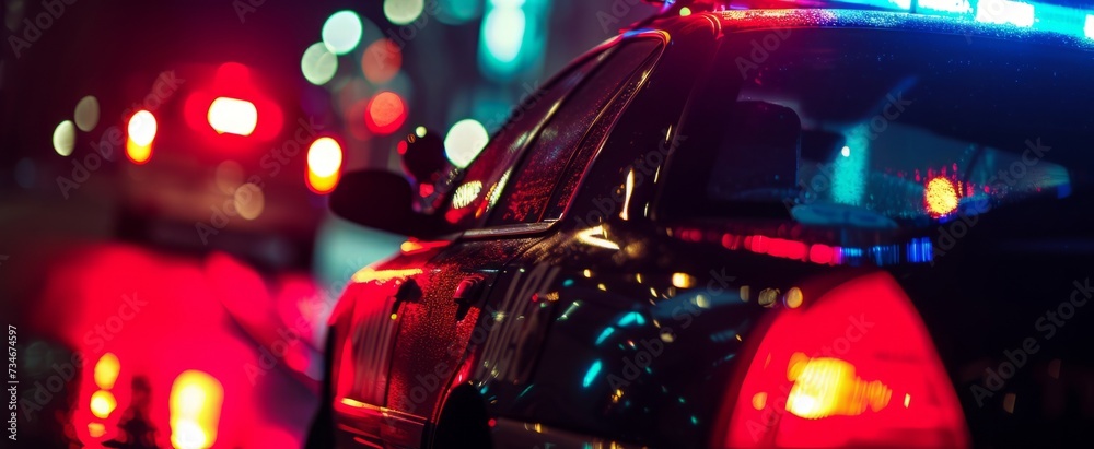 Close-up of Police Car on Duty at Night with Flashing Red and Blue Lights Among City Lights Close-up of Police Car on Duty at Night with Flashing Red and Blue Lights Among City Lights
