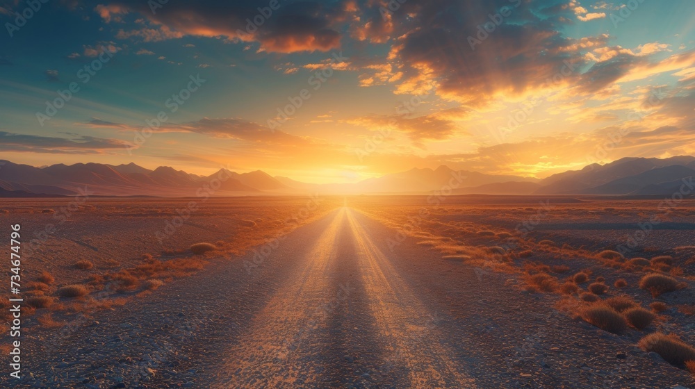 The open road beckons, promising adventure and escape as the sun rises over the barren desert landscape.