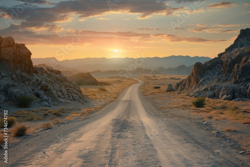 The open road beckons, promising adventure and escape as the sun rises over the barren desert landscape.