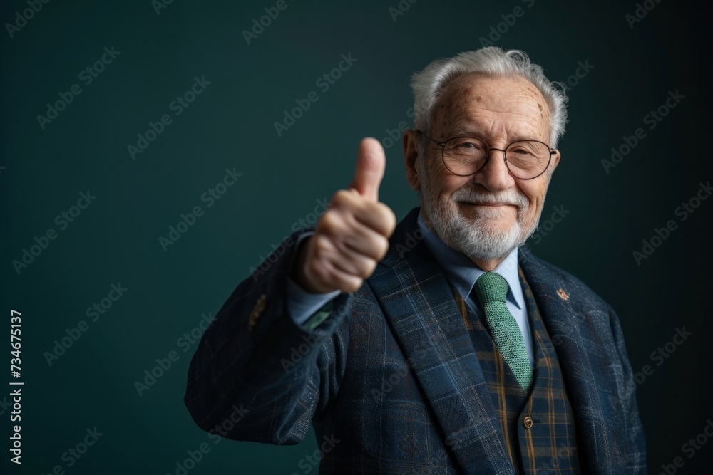 An elderly man in a stylish suit gives a thumbs up, showing that age doesn't stop an active lifestyle.