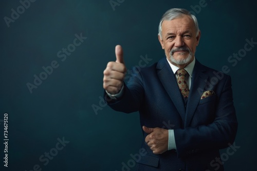 An elderly man in a stylish suit gives a thumbs up, showing that age doesn't stop an active lifestyle.