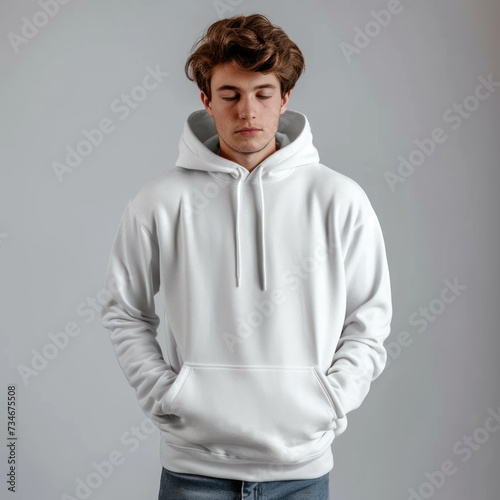 Front view of a white hoodie mockup on a young guy with his head bowed.