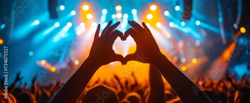 Heart-Shaped Hand Gesture at Concert Captures Love for Music Amongst Cheerful Crowd in Lively Festival Atmosphere with Colorful Stage Lights