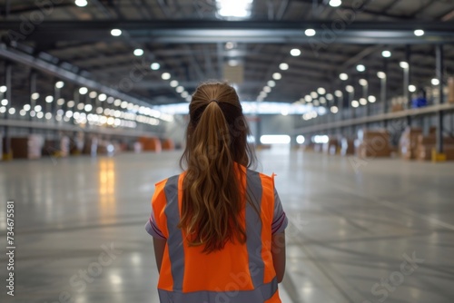 Woman in orange vest oversees operations at busy logistics hub.