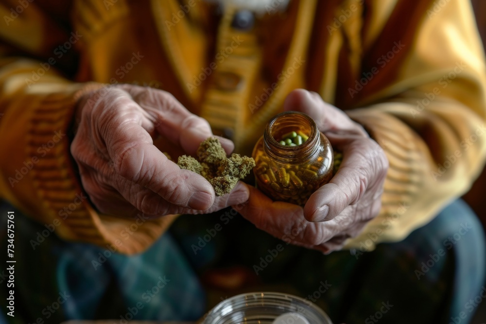 Elderly patient measures out cannabis buds for medical prescription to alleviate rheumatic pain with CBD. Elderly patient measures out cannabis buds for medical prescription to alleviate rheumatic pain with CBD.