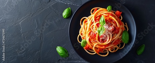Delicious Italian Spaghetti with Tomato Sauce and Fresh Basil Leaves Served in a Stylish Black Plate on a Dark Slate Background - Perfect for Menu and Culinary Websites