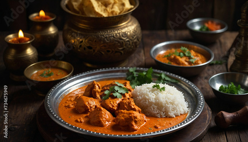 A close up of butter chicken served in a traditional metal thali, placed on a dark wooden table, with the vibrant colors of the dish contrasting beautifully against the rustic backdrop, evoking a sens