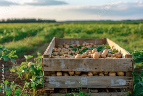 A crate filled with freshly harvested spuds sits among the rows of crops.
