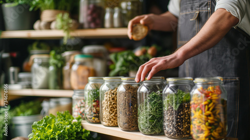 Person organizing and putting away bulk food items in large glass jars inside a small retail shop.