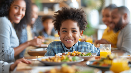 Black family having a nice meal at home. Focus on a cute boy in the center.