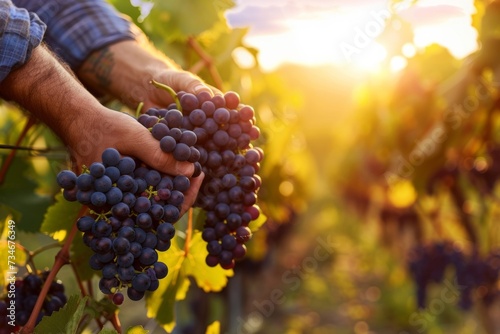 Male farmer carefully selects ripe grapes during harvest season.