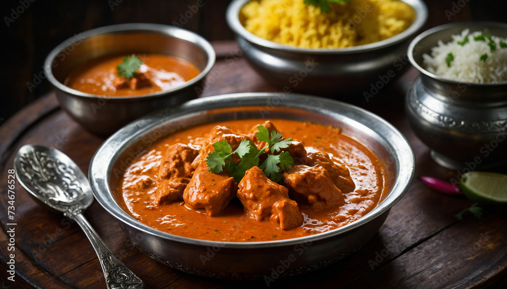 A close up of butter chicken served in a traditional metal thali, placed on a dark wooden table, with the vibrant colors of the dish contrasting beautifully against the rustic backdrop, evoking a sens A close up of butter chicken served in a traditional metal thali, placed on a dark wooden table, with the vibrant colors of the dish contrasting beautifully against the rustic backdrop, evoking a sens