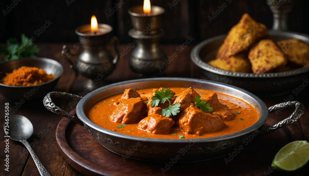 A close up of butter chicken served in a traditional metal thali, placed on a dark wooden table, with the vibrant colors of the dish contrasting beautifully against the rustic backdrop, evoking a sens A close up of butter chicken served in a traditional metal thali, placed on a dark wooden table, with the vibrant colors of the dish contrasting beautifully against the rustic backdrop, evoking a sens
