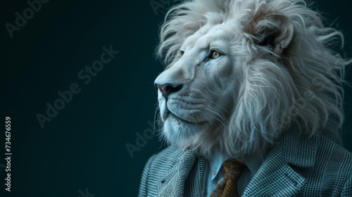 The dapper white lion poses confidently in his sharp suit and stylish tie  exuding an air of sophistication that is truly cat-like.