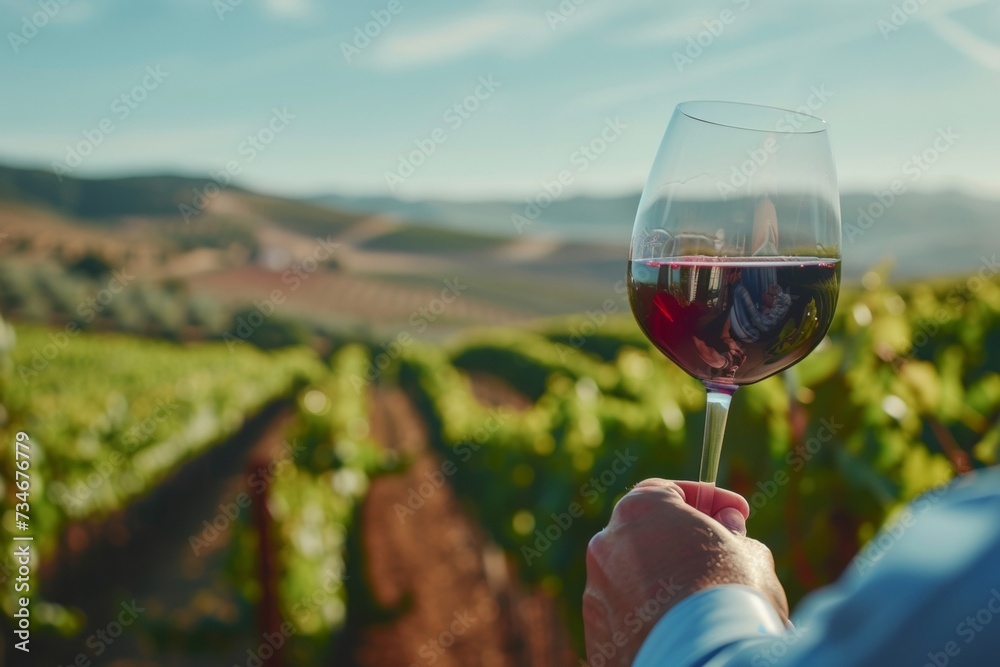 A sommelier analyzes a glass of red wine with a vineyard in the background where the grapes were harvested.
