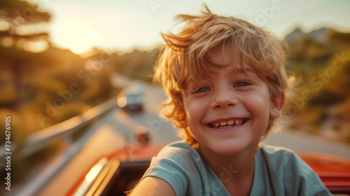Cute blond boy sitting inside a convertible car. Evening sunlight coming from the side. Composed with copy space. photo