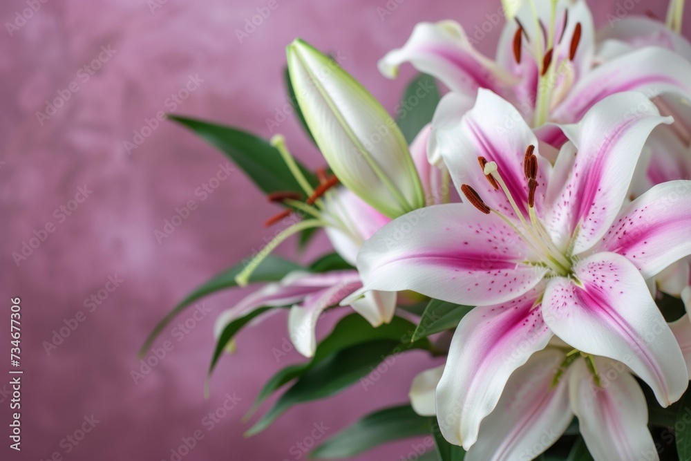 A stunning bouquet of fresh lilies on a vibrant pink backdrop, showcasing the beauty of the blooms up close.