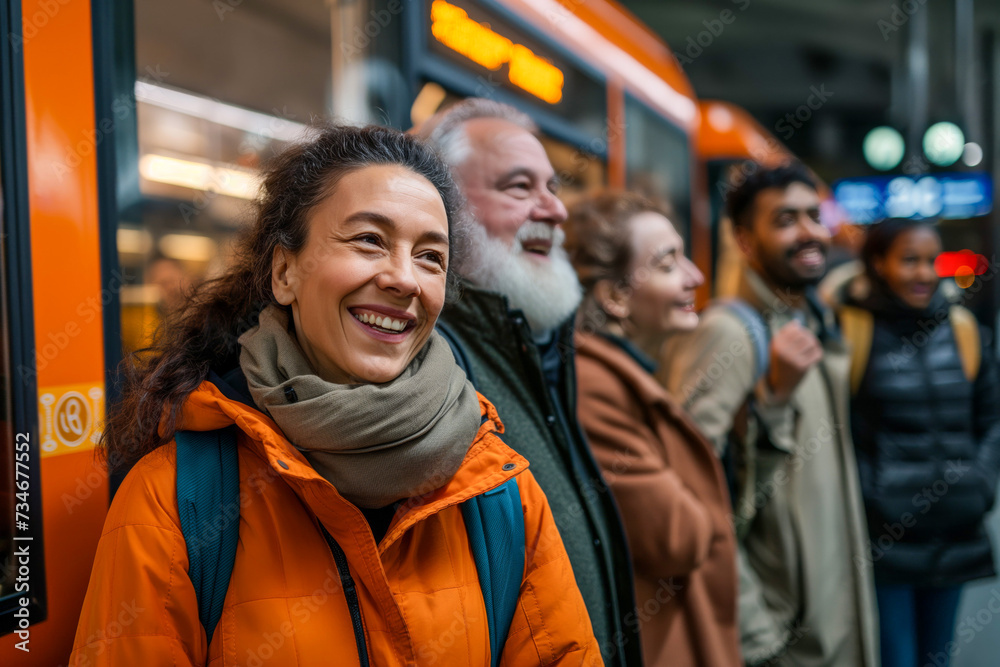 joyful friends, winter clothes, boarding, city bus, happy, commuters, urban transport, cold weather, group, smiling, public transportation, casual wear, puffer jacket, beanie, city life, travel, compa
