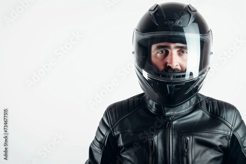 A biker shows off his sleek black helmet against a crisp white backdrop.