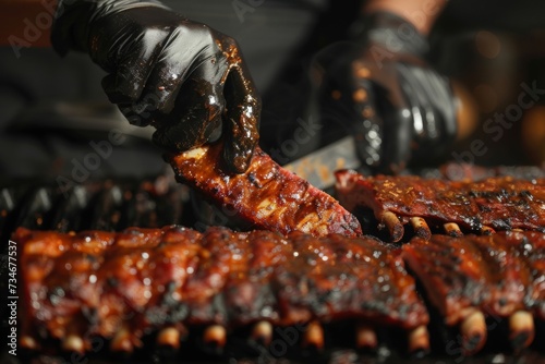 Chef in black gloves slices smoked pork ribs in grill restaurant kitchen.