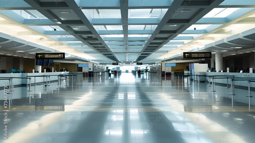 Deserted Airport Check-In Counters. Image illustrating empty check-in counters, unstaffed kiosks, and unused baggage drop-off areas