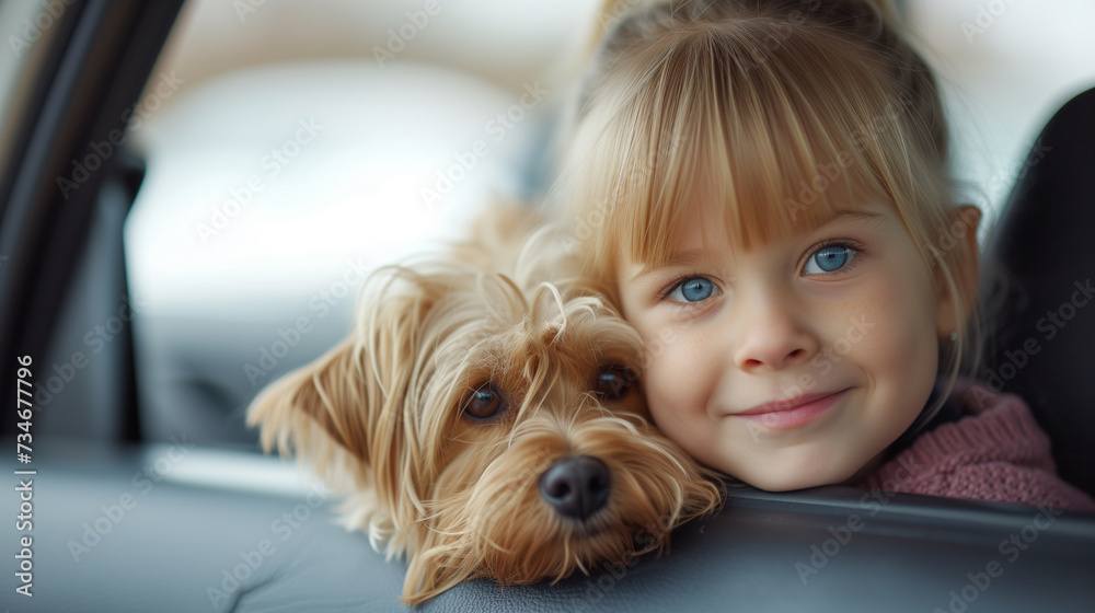 Car rides with pets. Young girl with her small dog on a road trip. Car rides with pets. Young girl with her small dog on a road trip.