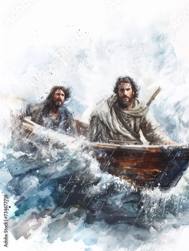 Peaceful Moment: Jesus and Simon Peter in a Boat Generative AI