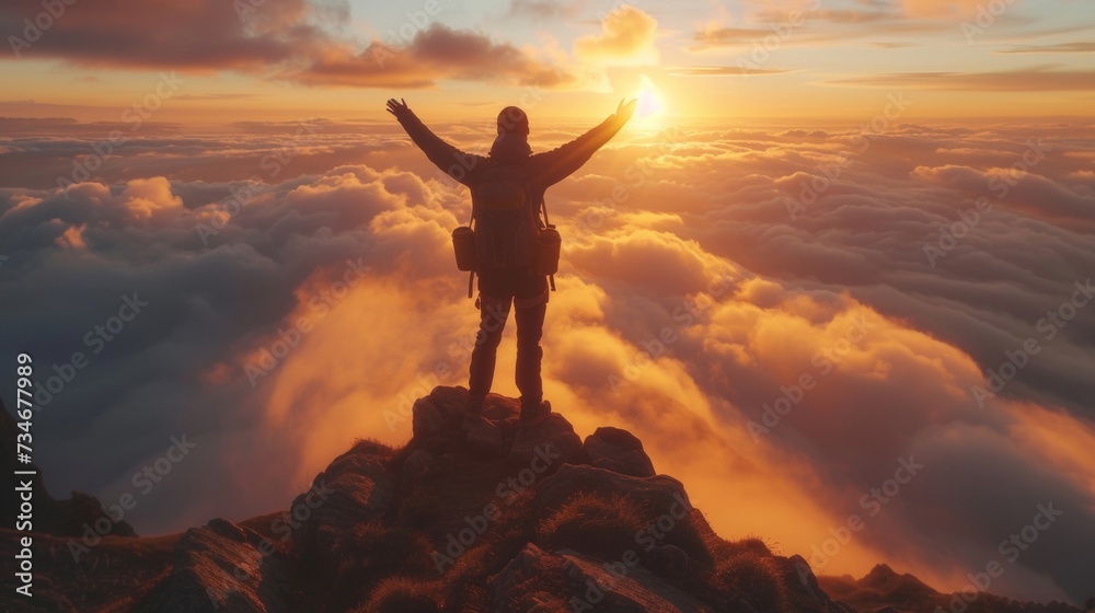 A climber celebrates atop a peak, arms outstretched, basking in the glory of achievement and the beauty of a cloud-covered horizon at dawn or dusk. - obrazy, fototapety, plakaty 