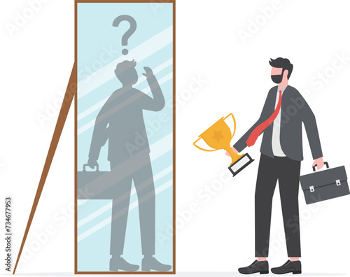 imposter syndrome, businessman looking shadow himself through mirror for Anxiety and lack of self confidence at work vector

