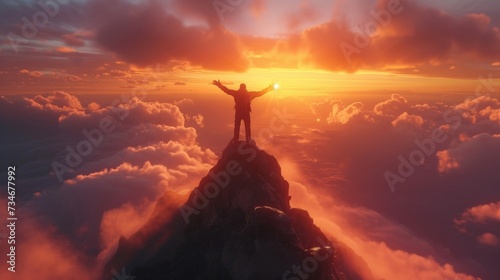 A climber celebrates atop a peak, arms outstretched, basking in the glory of achievement and the beauty of a cloud-covered horizon at dawn or dusk.
