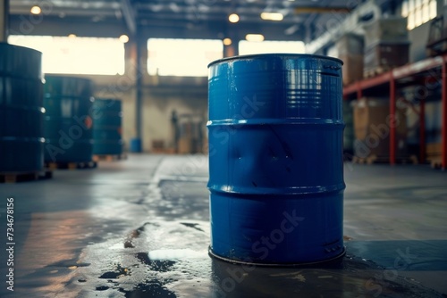Chemical-filled blue drum on pallets ready for customer delivery at warehouse, reflecting chemical manufacturing process in the oil and industrial sector.