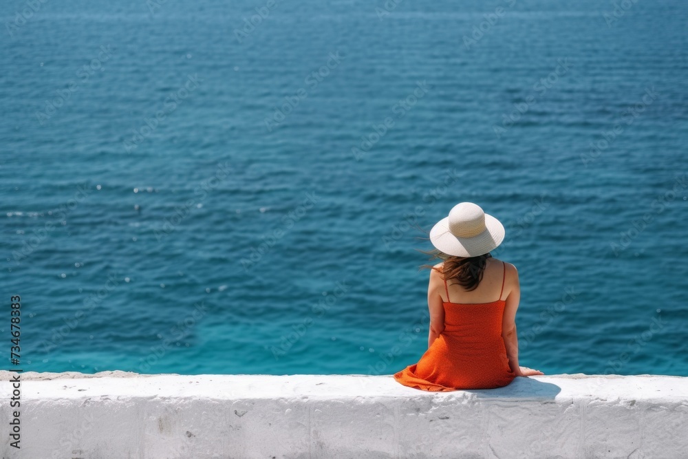 A visitor in a sundress perches on a wall, gazing at the endless azure ocean. A visitor in a sundress perches on a wall, gazing at the endless azure ocean.