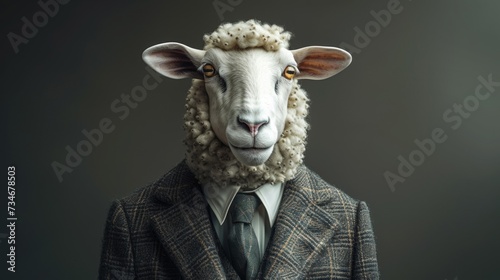 A dapper sheep in a sleek suit and tie strikes a confident pose, proving that style knows no species.