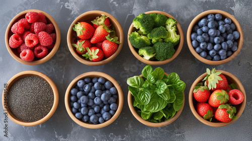 Superfood bowls like berries, greens and seeds. Healthy selection of snacks.