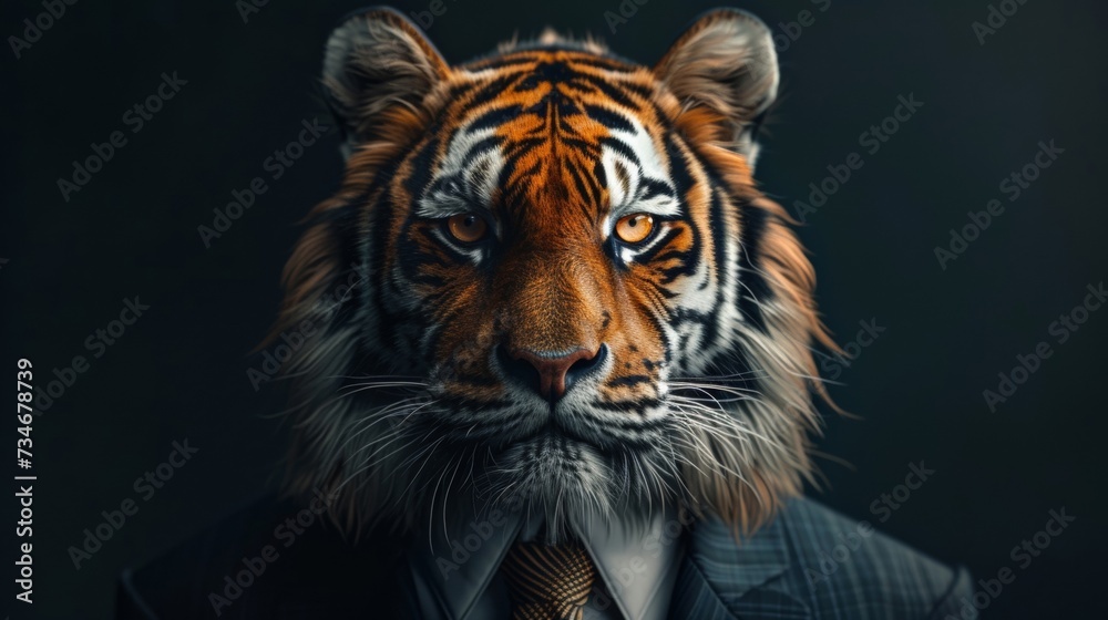 The dapper tiger confidently poses in his chic attire, exuding charm and charisma in his human-like stance.