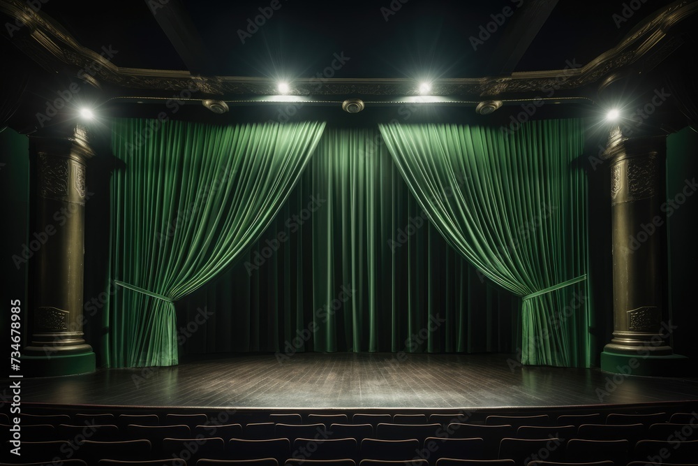 Fototapeta premium Empty theater stage with green velvet curtains and spotlights for congratulations,green velvet curtains draped on a empty stage. wood floor., AI generated