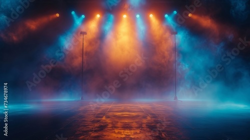 The blue spotlights and warm colored light created a moody atmosphere on the empty stage, while the smoke added a mysterious touch to the concert lighting.